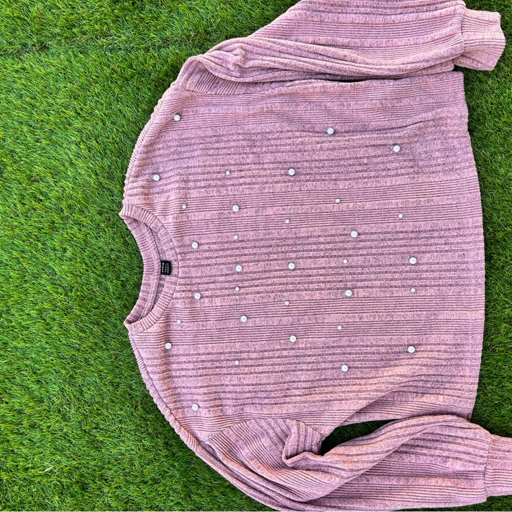 SHEIN Pink Embellished Crew Neck Sweater